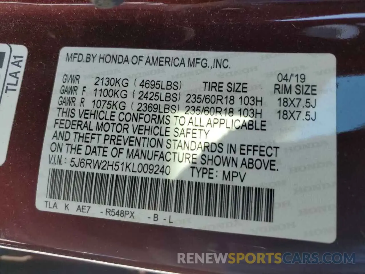 13 fotografías del automóvil dañado 5J6RW2H51KL009240 HONDA CRV 2019