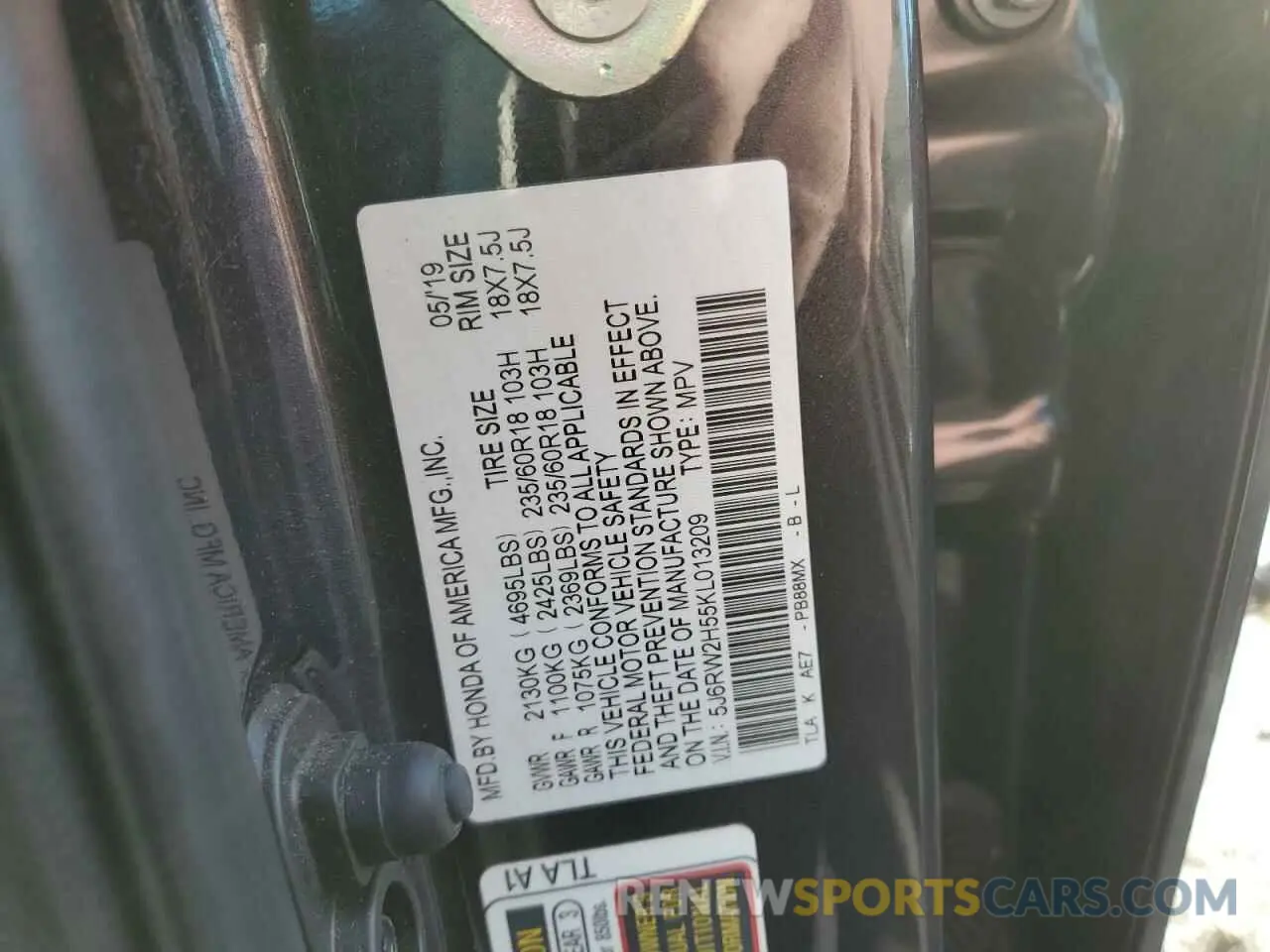 15 fotografías del automóvil dañado 5J6RW2H55KL013209 HONDA CRV 2019