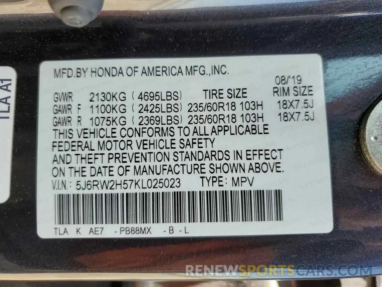 15 fotografías del automóvil dañado 5J6RW2H57KL025023 HONDA CRV 2019