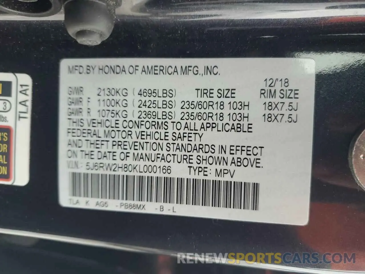 13 fotografías del automóvil dañado 5J6RW2H80KL000166 HONDA CRV 2019