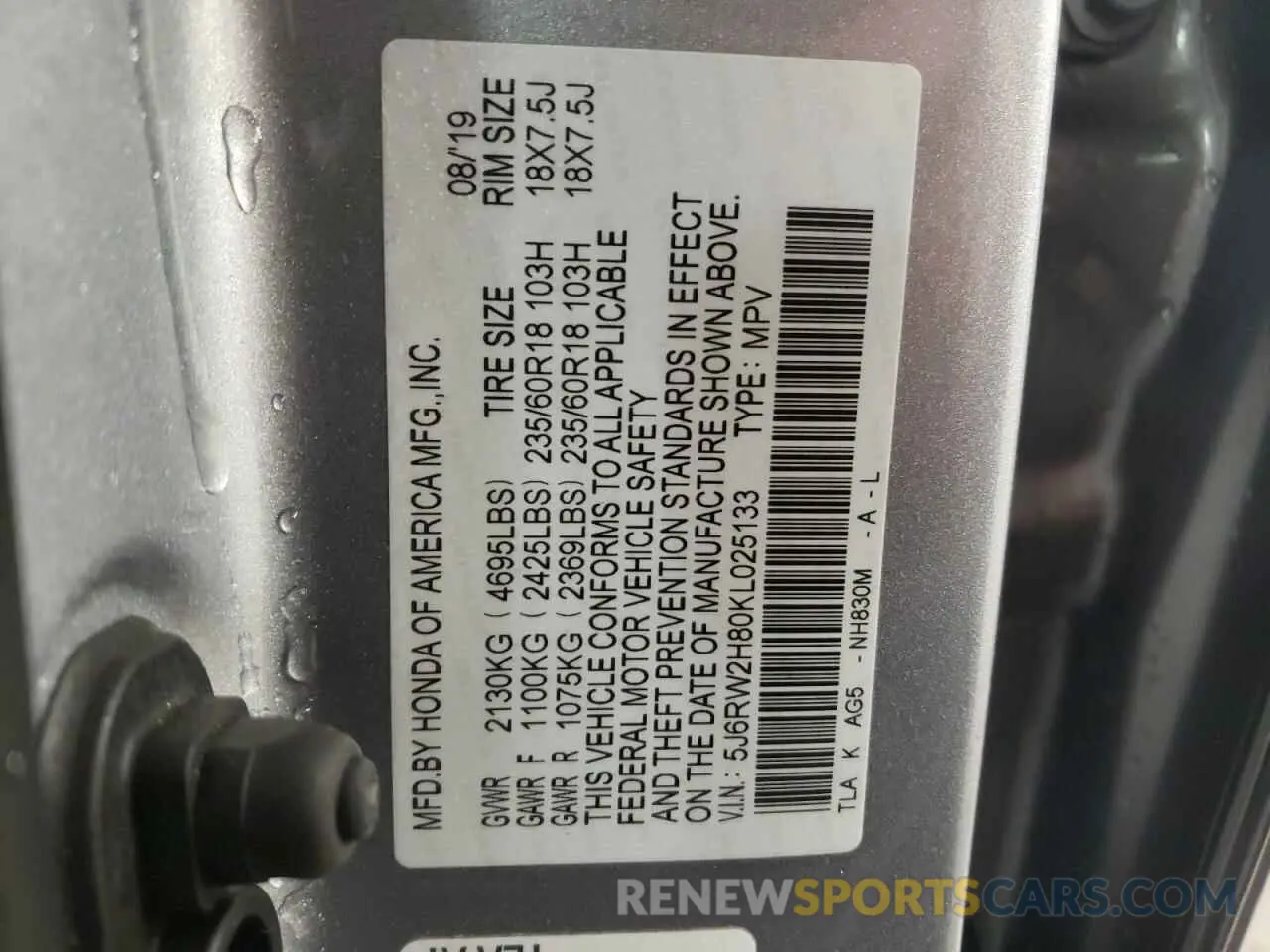 12 fotografías del automóvil dañado 5J6RW2H80KL025133 HONDA CRV 2019