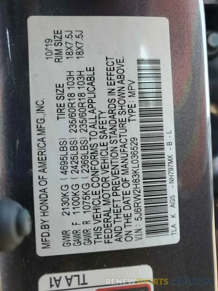 13 fotografías del automóvil dañado 5J6RW2H83KL036529 HONDA CRV 2019
