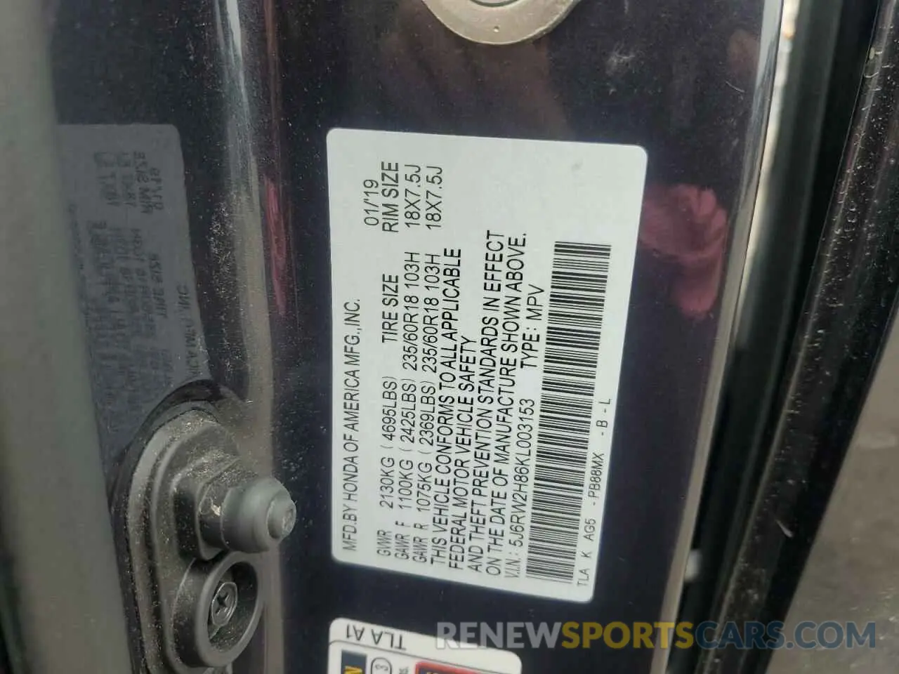 13 fotografías del automóvil dañado 5J6RW2H86KL003153 HONDA CRV 2019