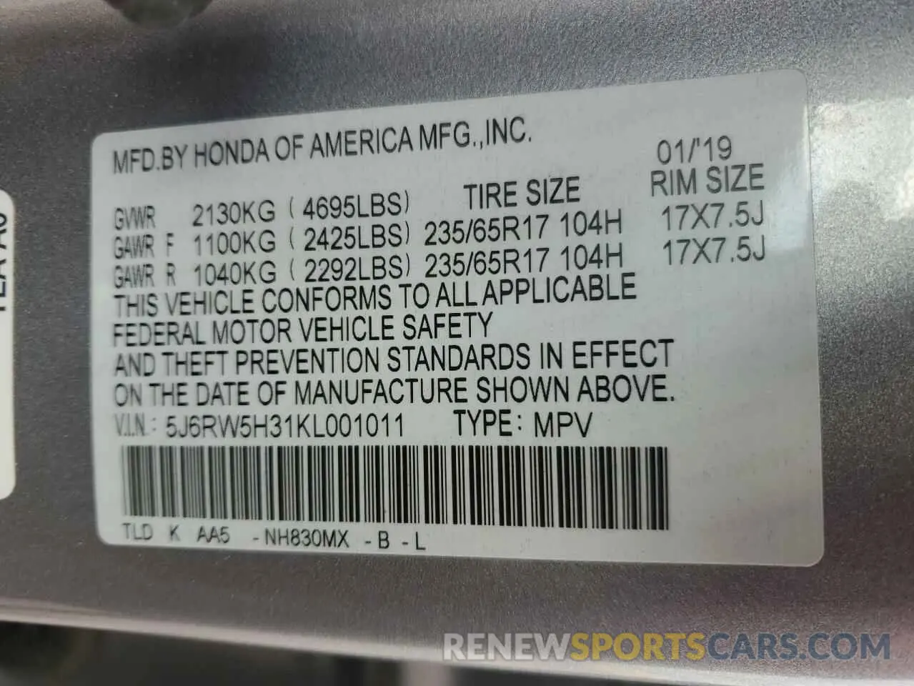 12 fotografías del automóvil dañado 5J6RW5H31KL001011 HONDA CRV 2019
