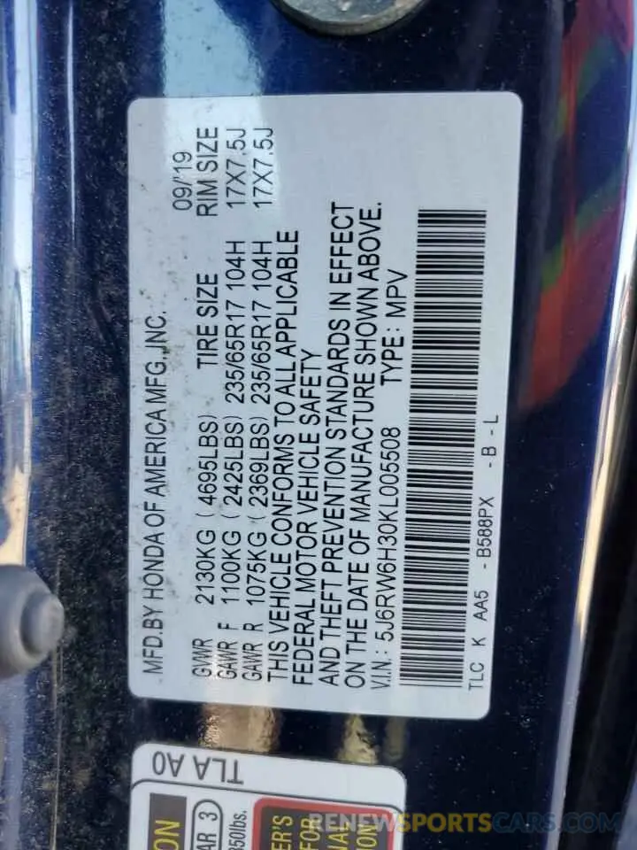 13 fotografías del automóvil dañado 5J6RW6H30KL005508 HONDA CRV 2019