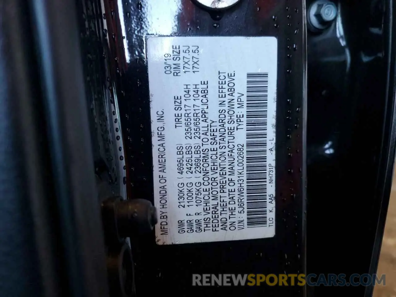 13 fotografías del automóvil dañado 5J6RW6H31KL002682 HONDA CRV 2019
