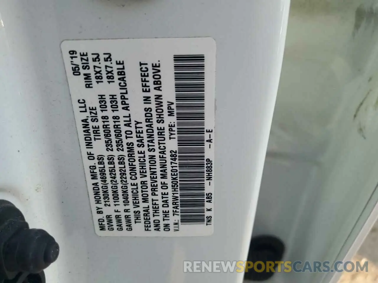 14 fotografías del automóvil dañado 7FARW1H50KE017482 HONDA CRV 2019