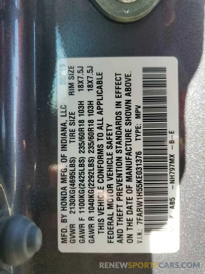 14 fotografías del automóvil dañado 7FARW1H55KE031376 HONDA CRV 2019