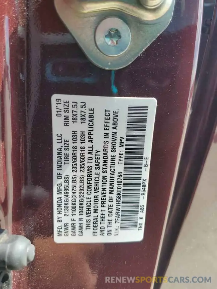 13 fotografías del automóvil dañado 7FARW1H58KE010764 HONDA CRV 2019