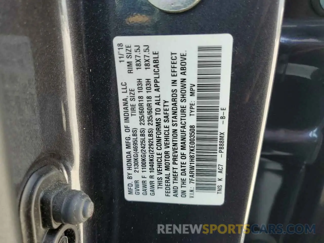 14 fotografías del automóvil dañado 7FARW1H87KE003508 HONDA CRV 2019