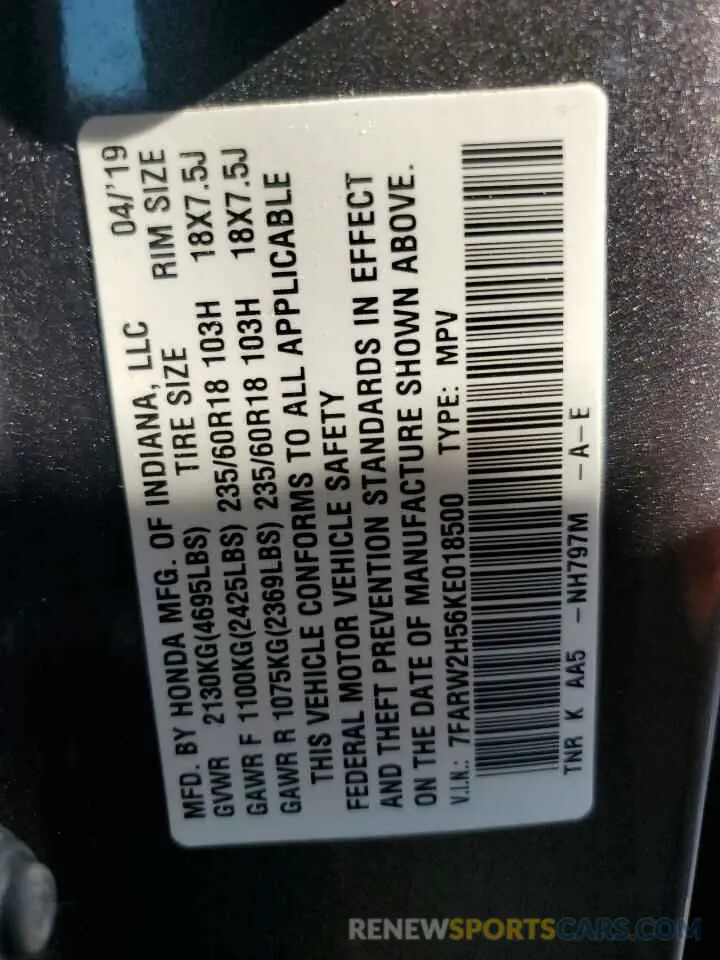 14 fotografías del automóvil dañado 7FARW2H56KE018500 HONDA CRV 2019