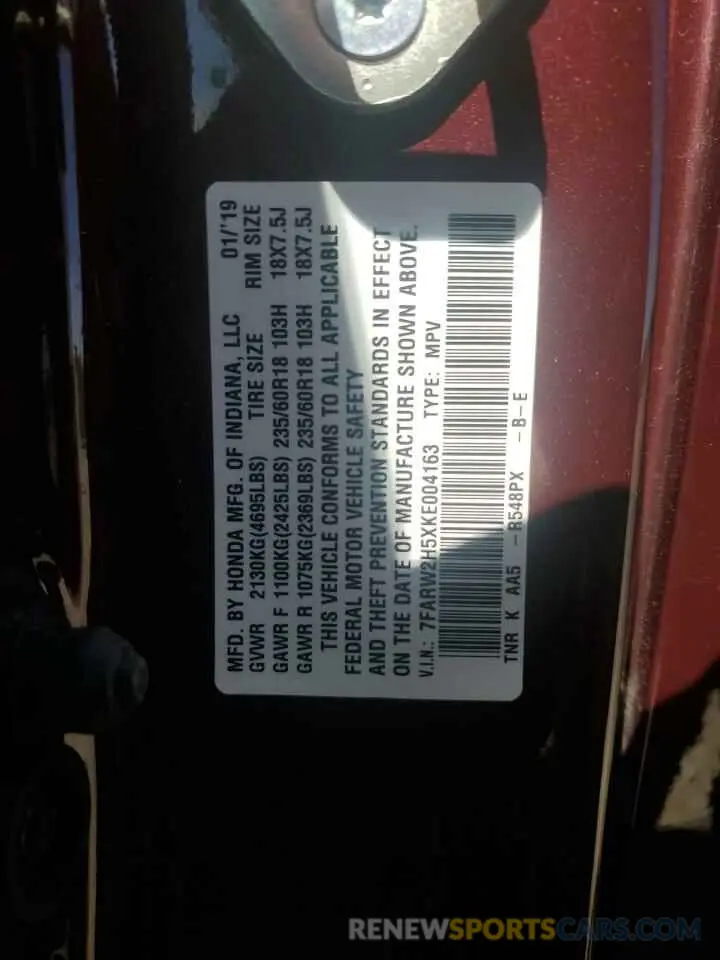 14 fotografías del automóvil dañado 7FARW2H5XKE004163 HONDA CRV 2019