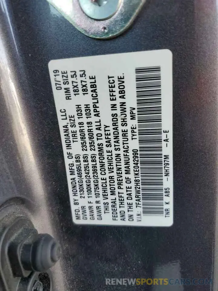 13 fotografías del automóvil dañado 7FARW2H81KE042990 HONDA CRV 2019
