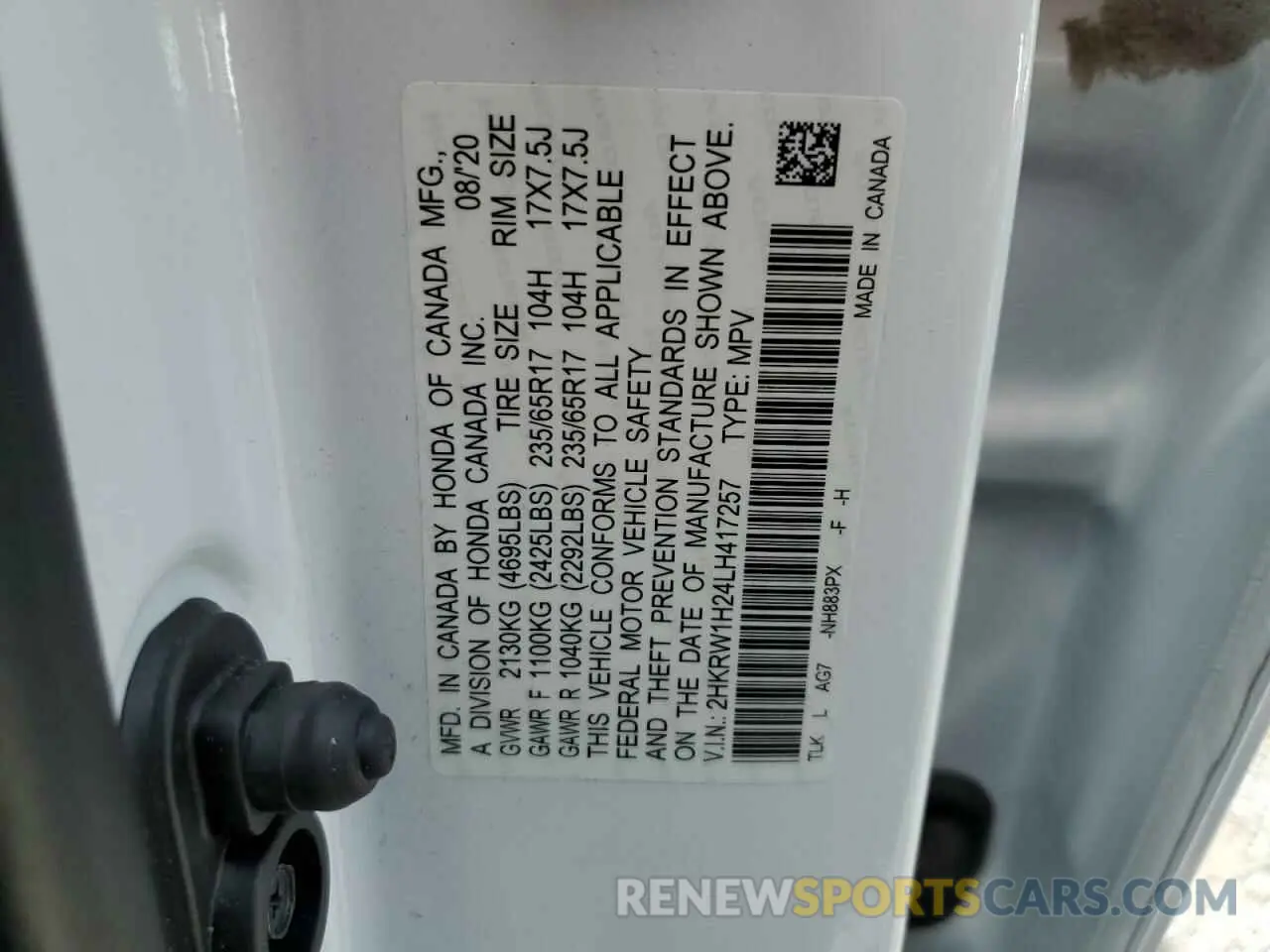 13 fotografías del automóvil dañado 2HKRW1H24LH417257 HONDA CRV 2020