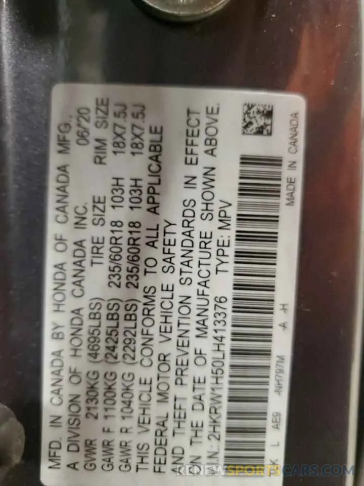 13 fotografías del automóvil dañado 2HKRW1H50LH413376 HONDA CRV 2020