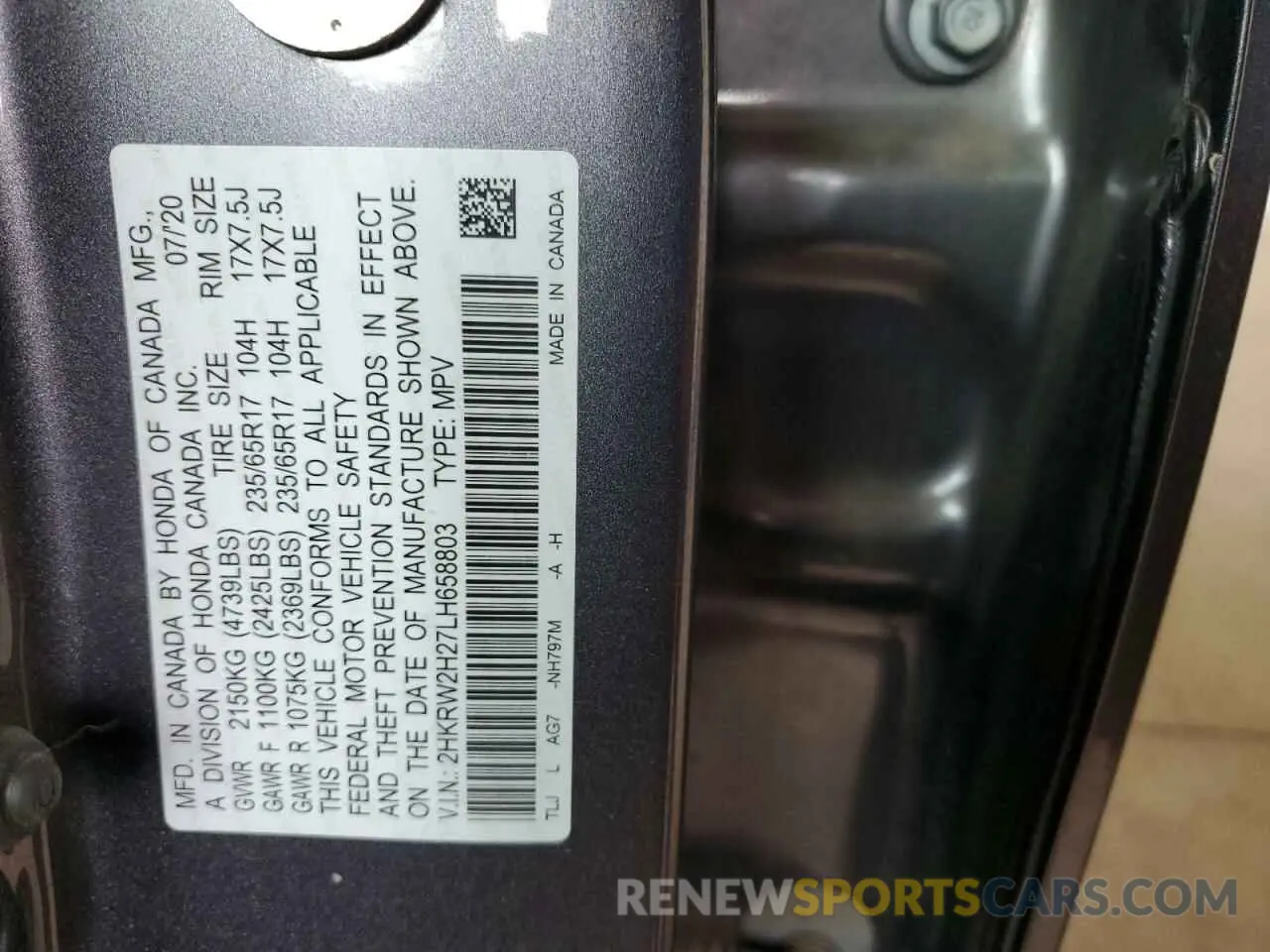 12 fotografías del automóvil dañado 2HKRW2H27LH658803 HONDA CRV 2020