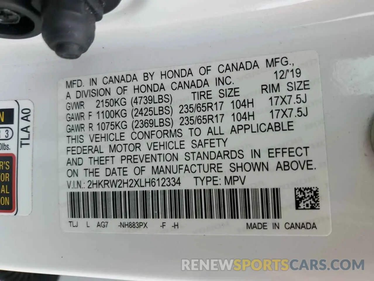 13 fotografías del automóvil dañado 2HKRW2H2XLH612334 HONDA CRV 2020