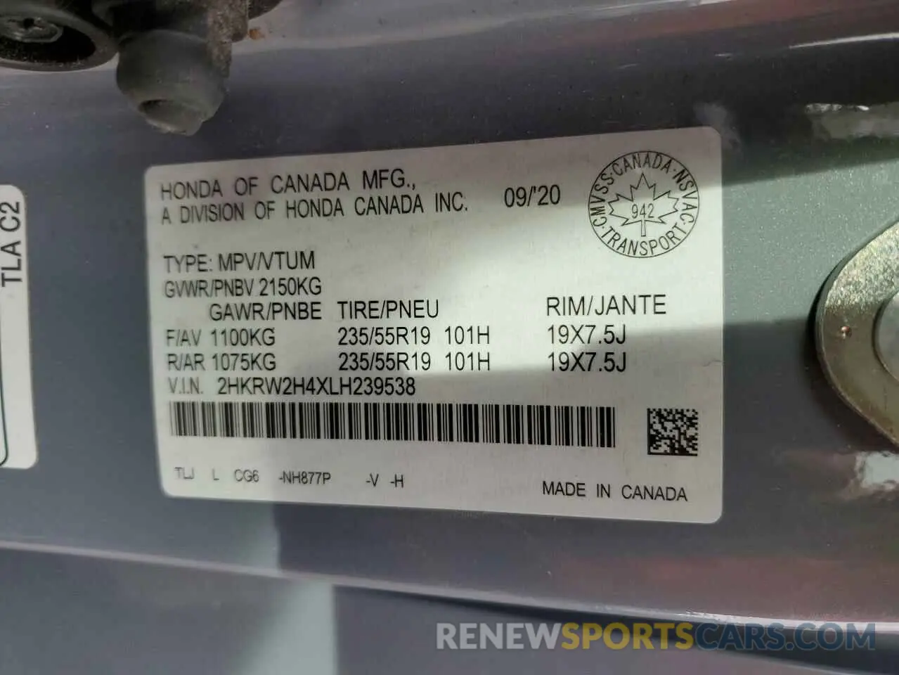 14 fotografías del automóvil dañado 2HKRW2H4XLH239538 HONDA CRV 2020