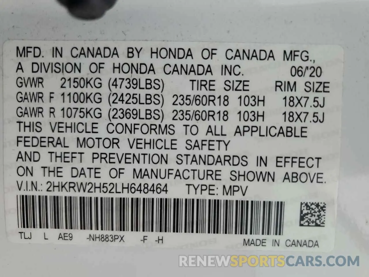 13 fotografías del automóvil dañado 2HKRW2H52LH648464 HONDA CRV 2020