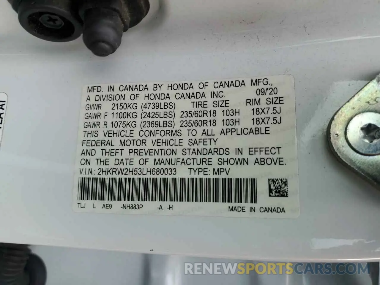 15 fotografías del automóvil dañado 2HKRW2H53LH680033 HONDA CRV 2020