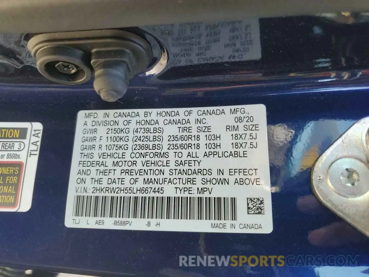 13 fotografías del automóvil dañado 2HKRW2H55LH667445 HONDA CRV 2020