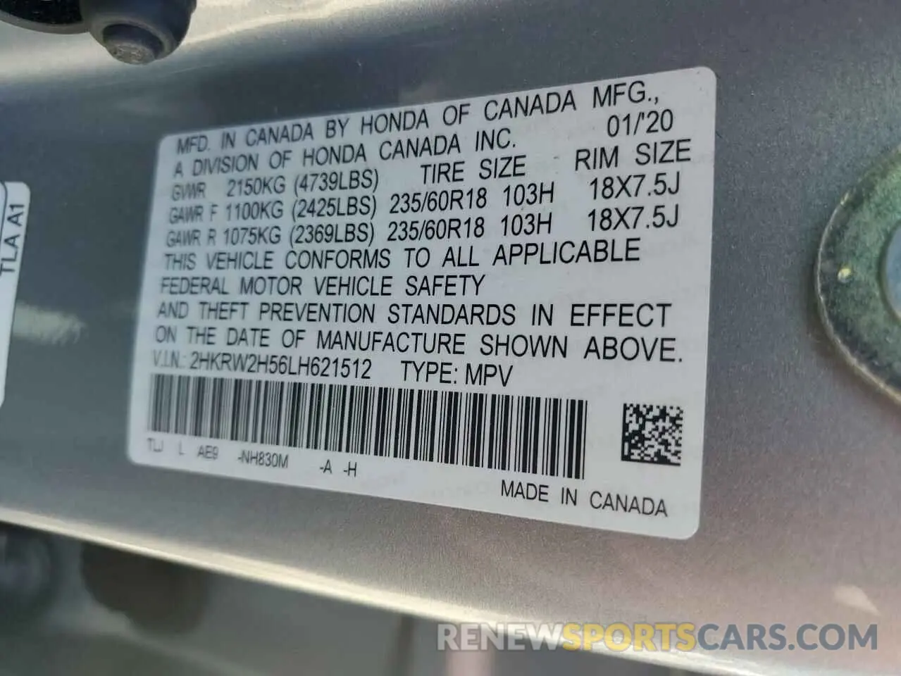 13 fotografías del automóvil dañado 2HKRW2H56LH621512 HONDA CRV 2020