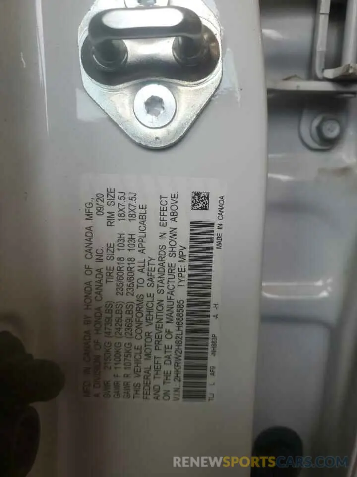 13 fotografías del automóvil dañado 2HKRW2H82LH688585 HONDA CRV 2020