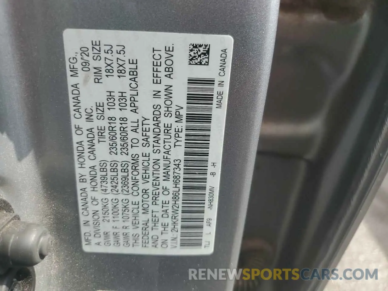 13 fotografías del automóvil dañado 2HKRW2H86LH687343 HONDA CRV 2020