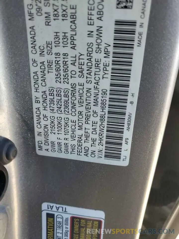 15 fotografías del automóvil dañado 2HKRW2H88LH685190 HONDA CRV 2020