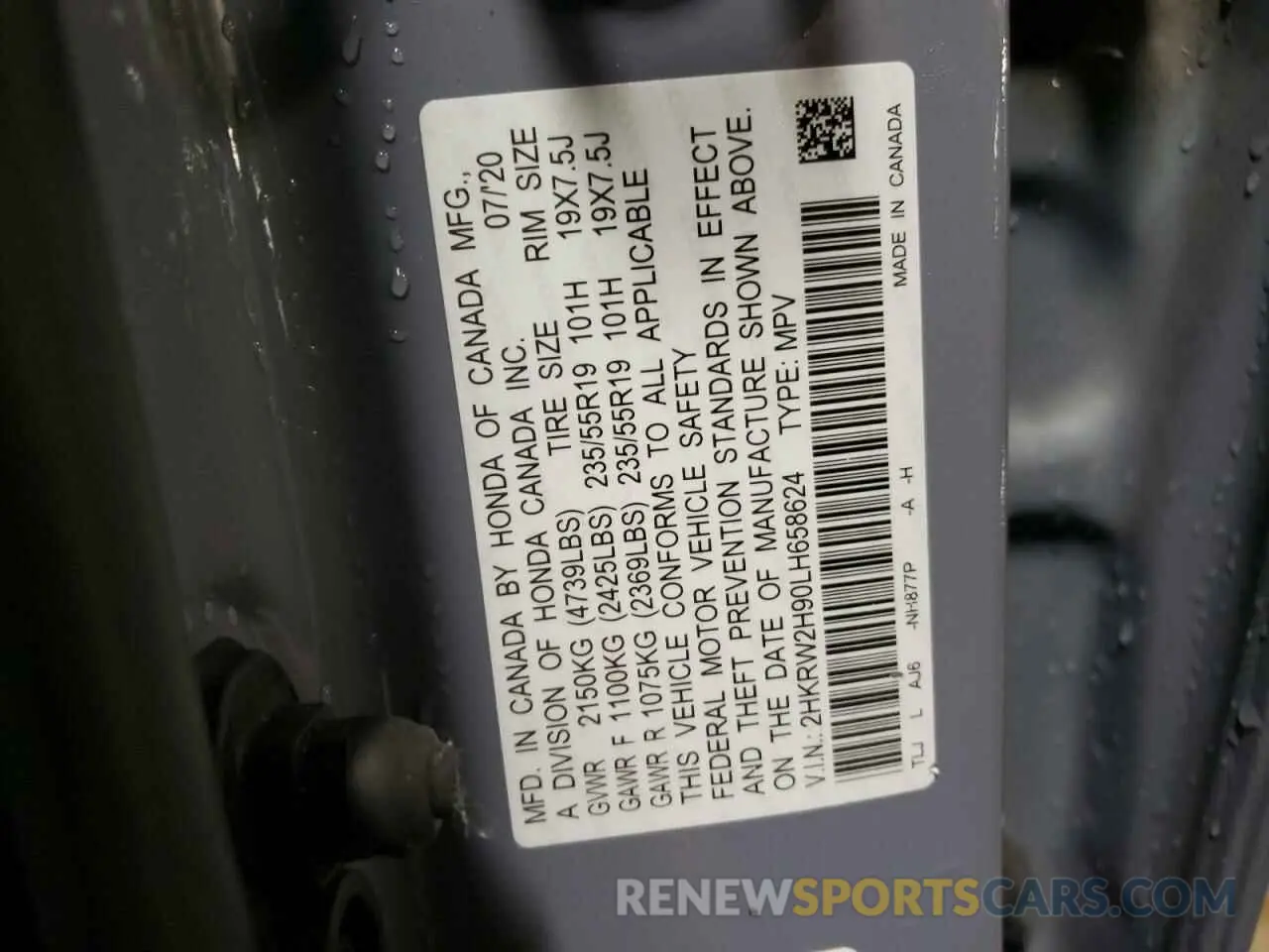 12 fotografías del automóvil dañado 2HKRW2H90LH658624 HONDA CRV 2020