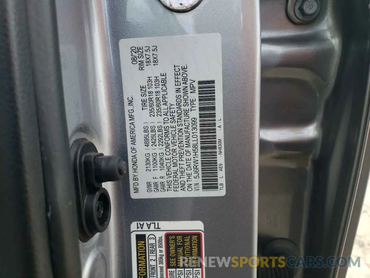 15 fotografías del automóvil dañado 5J6RW1H58LL013099 HONDA CRV 2020