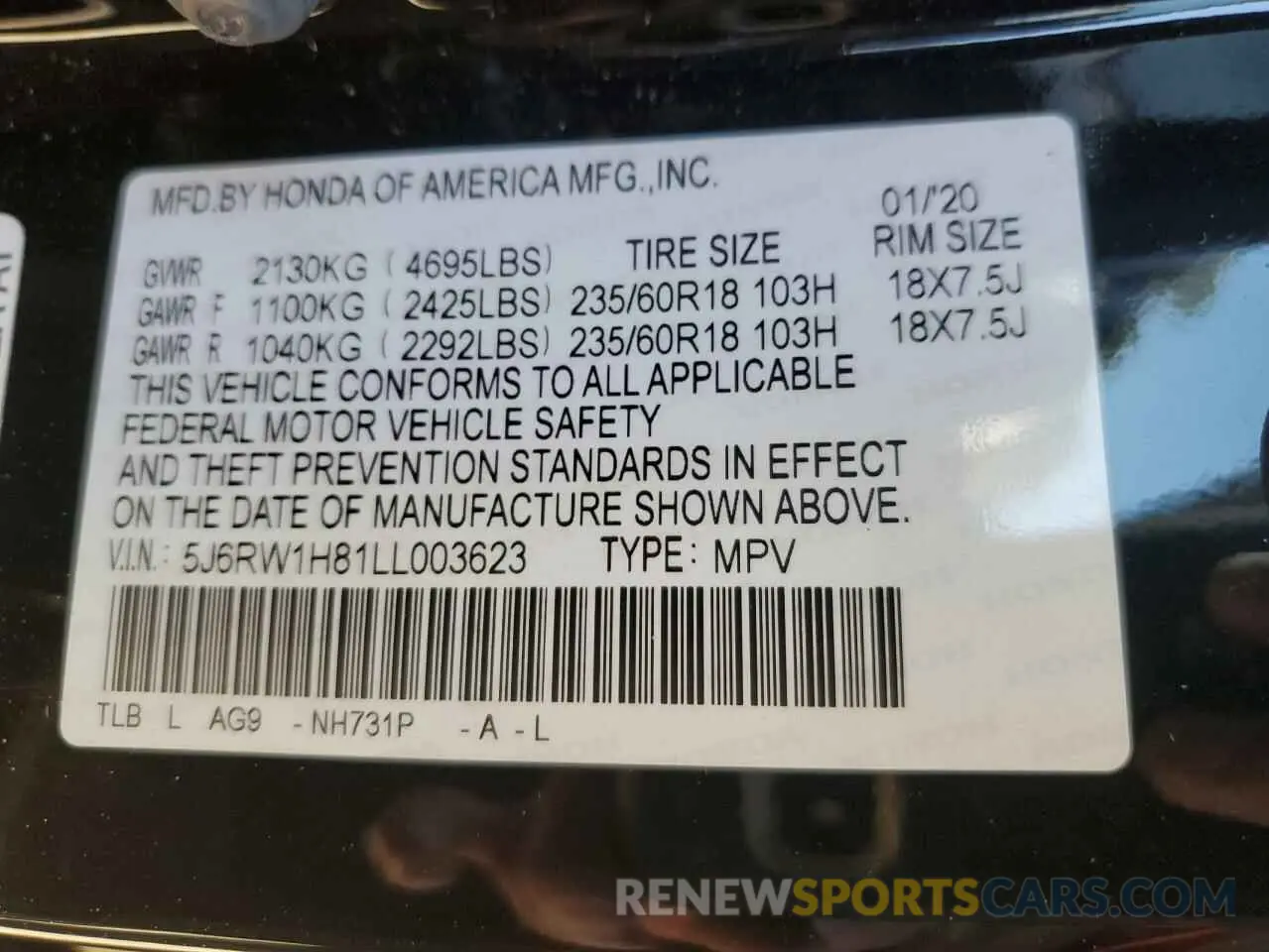 15 fotografías del automóvil dañado 5J6RW1H81LL003623 HONDA CRV 2020