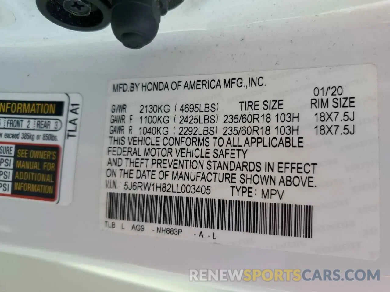 14 fotografías del automóvil dañado 5J6RW1H82LL003405 HONDA CRV 2020