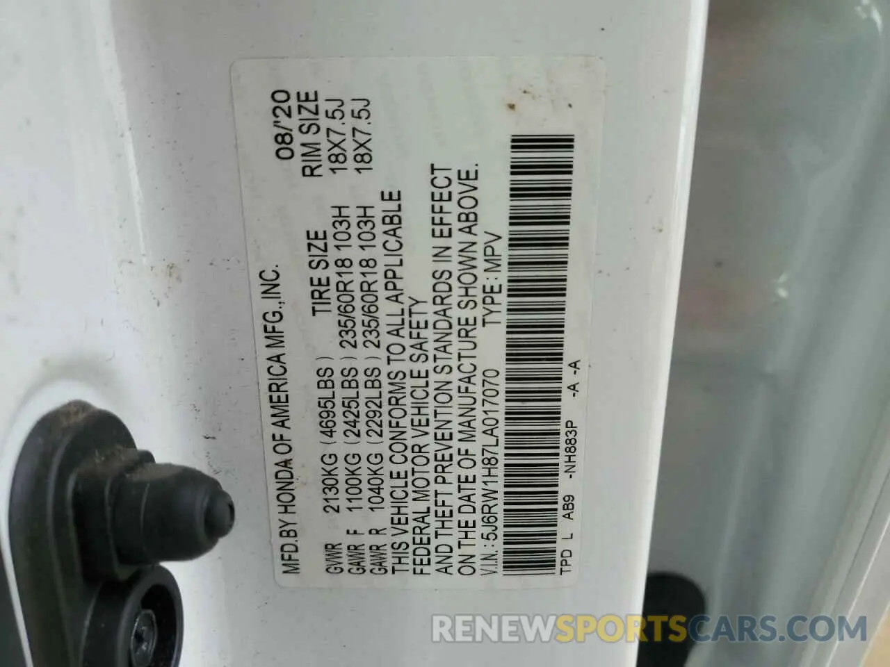 14 fotografías del automóvil dañado 5J6RW1H87LA017070 HONDA CRV 2020