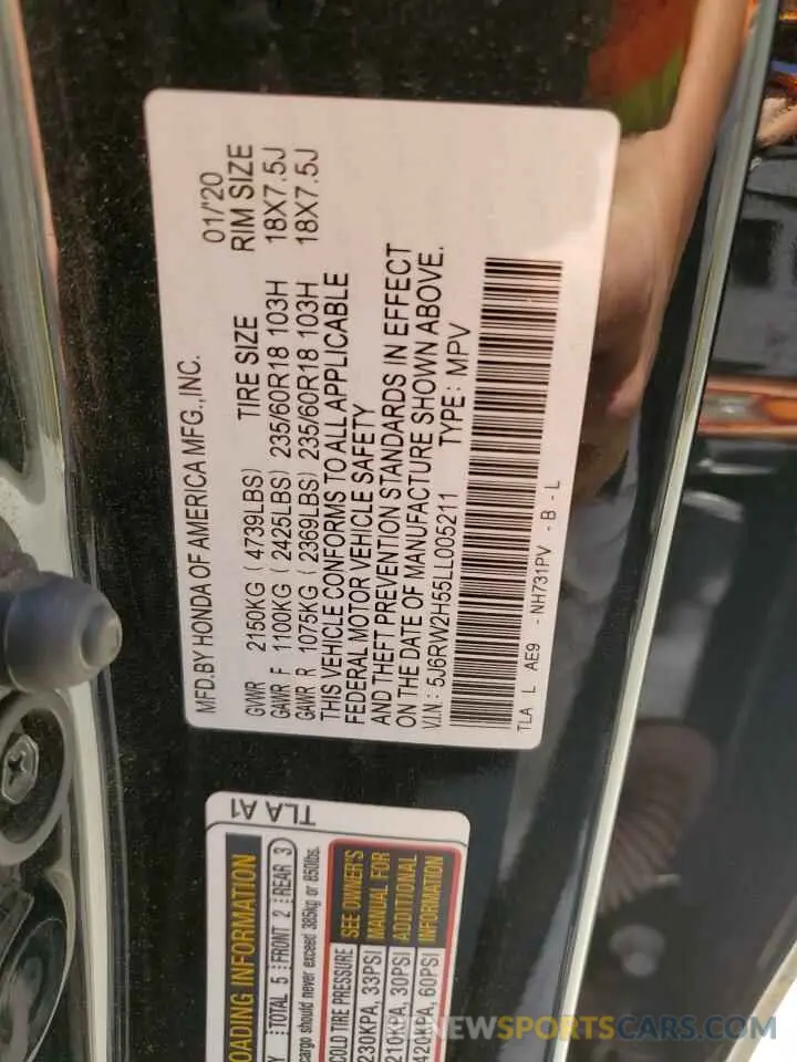 12 fotografías del automóvil dañado 5J6RW2H55LL005211 HONDA CRV 2020