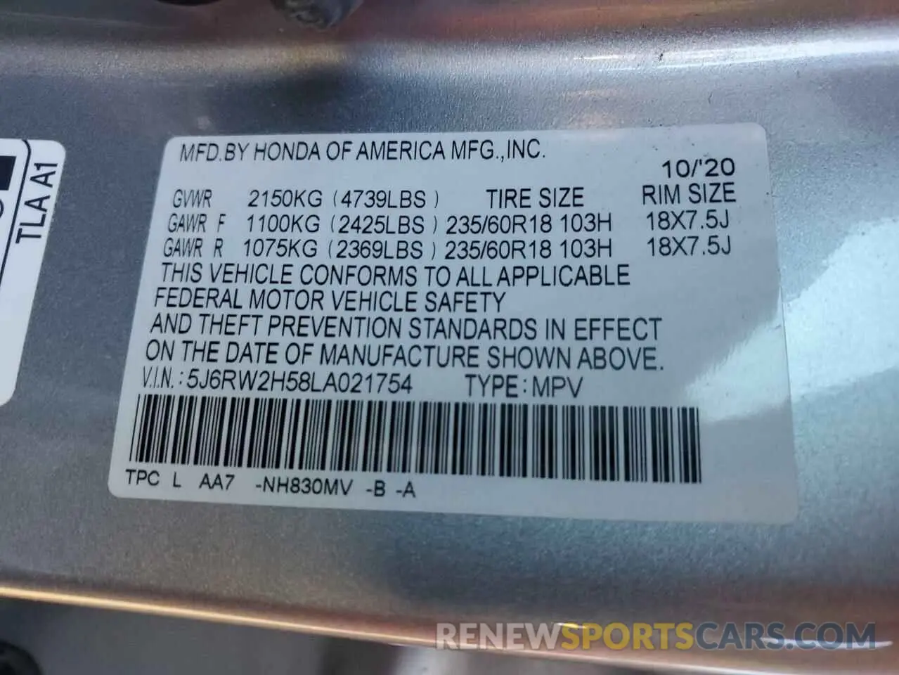 15 fotografías del automóvil dañado 5J6RW2H58LA021754 HONDA CRV 2020