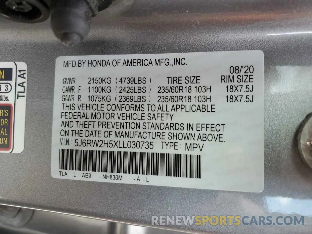 14 fotografías del automóvil dañado 5J6RW2H5XLL030735 HONDA CRV 2020