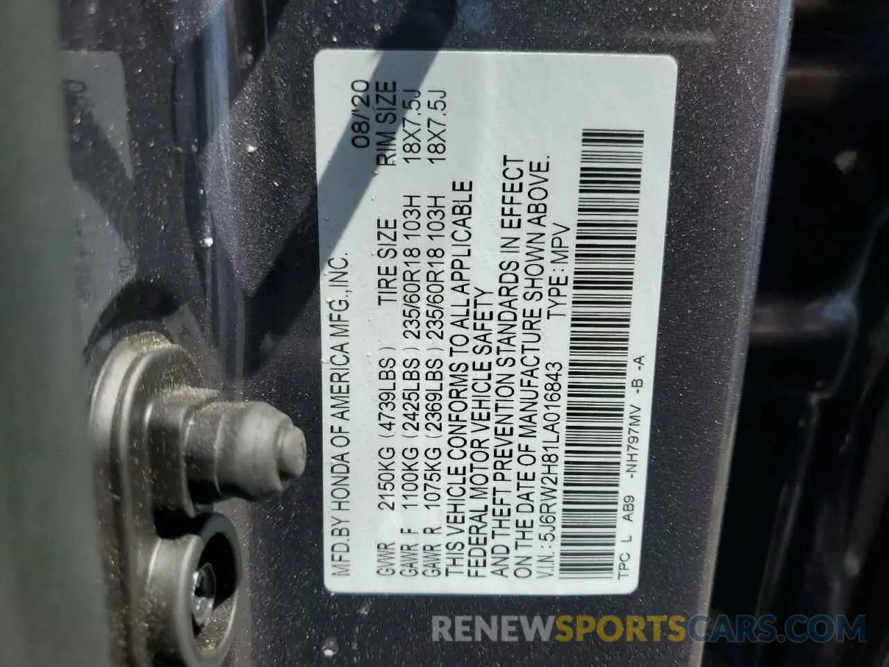 13 fotografías del automóvil dañado 5J6RW2H81LA016843 HONDA CRV 2020