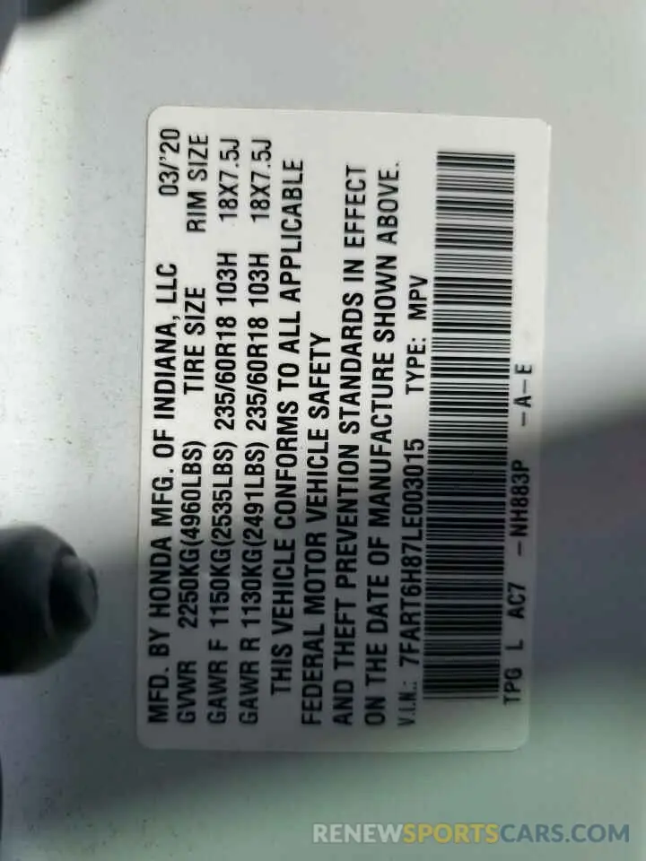 14 fotografías del automóvil dañado 7FART6H87LE003015 HONDA CRV 2020