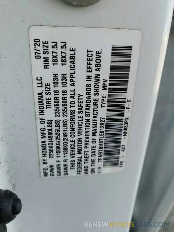 14 fotografías del automóvil dañado 7FART6H87LE012927 HONDA CRV 2020
