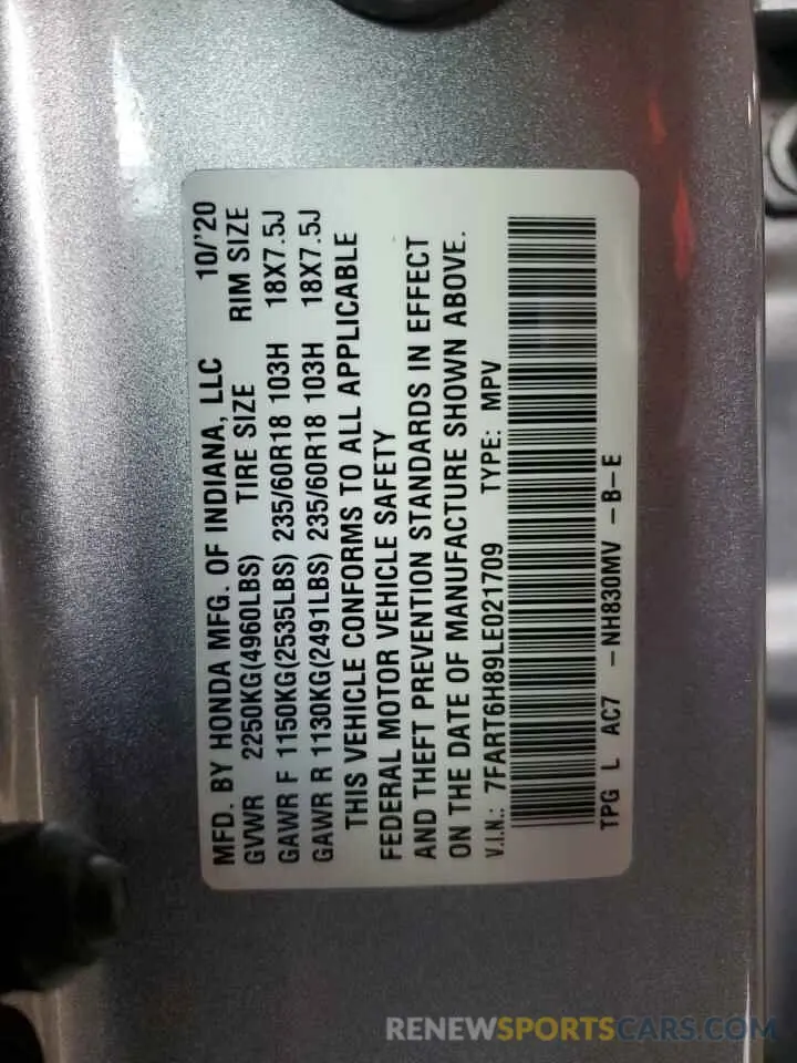 14 fotografías del automóvil dañado 7FART6H89LE021709 HONDA CRV 2020