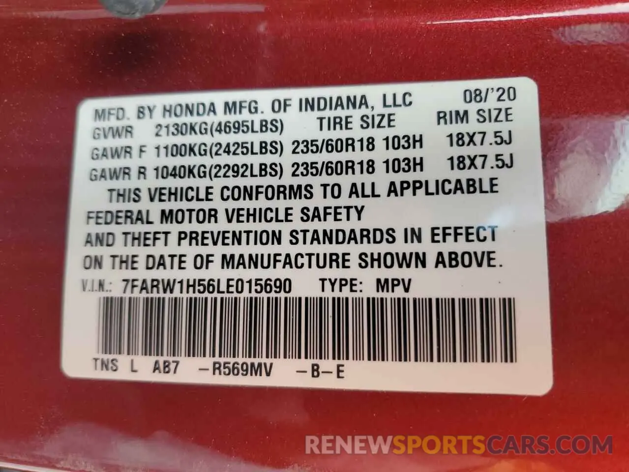 13 fotografías del automóvil dañado 7FARW1H56LE015690 HONDA CRV 2020