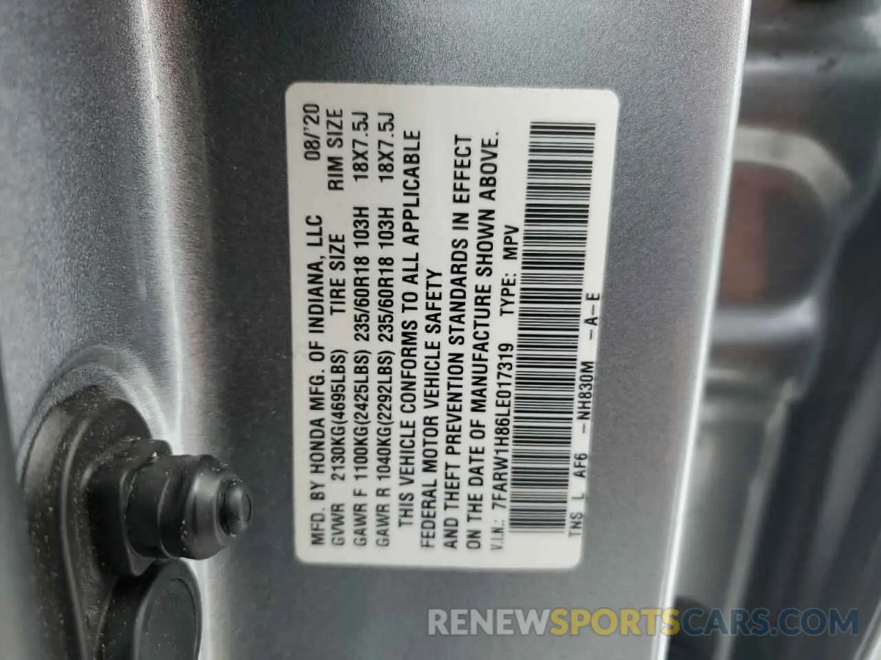 13 fotografías del automóvil dañado 7FARW1H86LE017319 HONDA CRV 2020