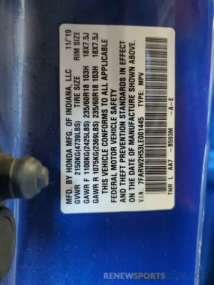 13 fotografías del automóvil dañado 7FARW2H53LE001445 HONDA CRV 2020