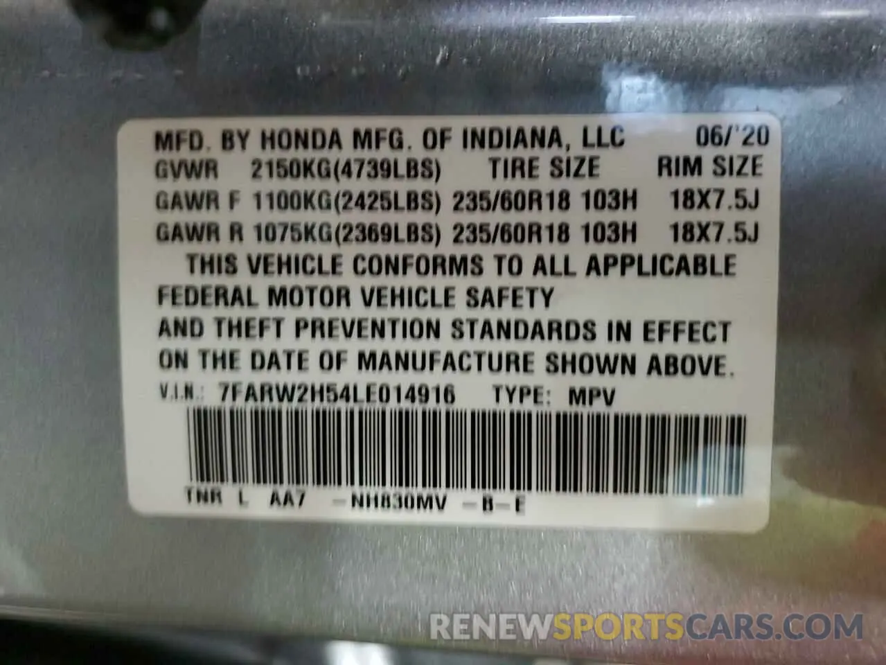 13 fotografías del automóvil dañado 7FARW2H54LE014916 HONDA CRV 2020