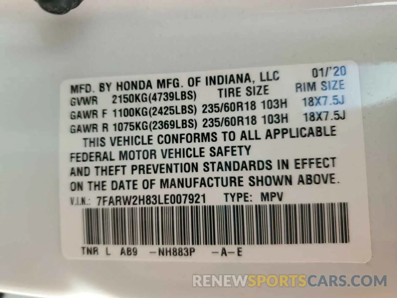 13 fotografías del automóvil dañado 7FARW2H83LE007921 HONDA CRV 2020