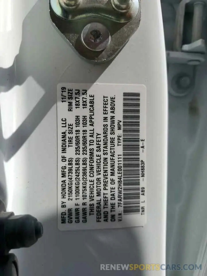 12 fotografías del automóvil dañado 7FARW2H84LE001111 HONDA CRV 2020