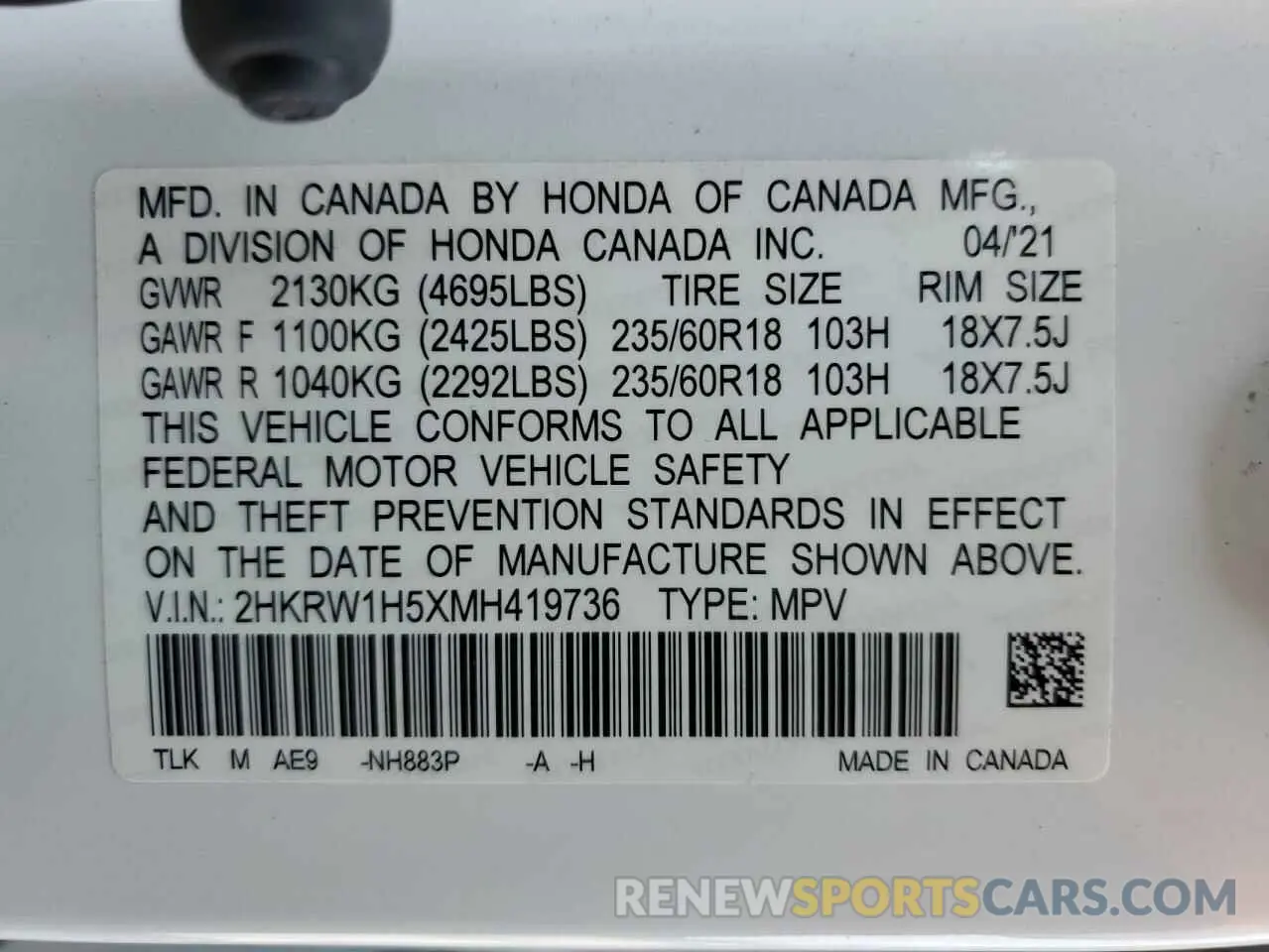 14 fotografías del automóvil dañado 2HKRW1H5XMH419736 HONDA CRV 2021