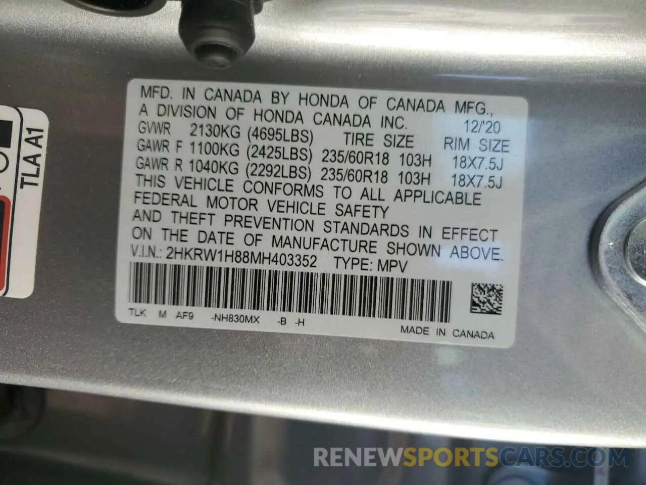 13 fotografías del automóvil dañado 2HKRW1H88MH403352 HONDA CRV 2021