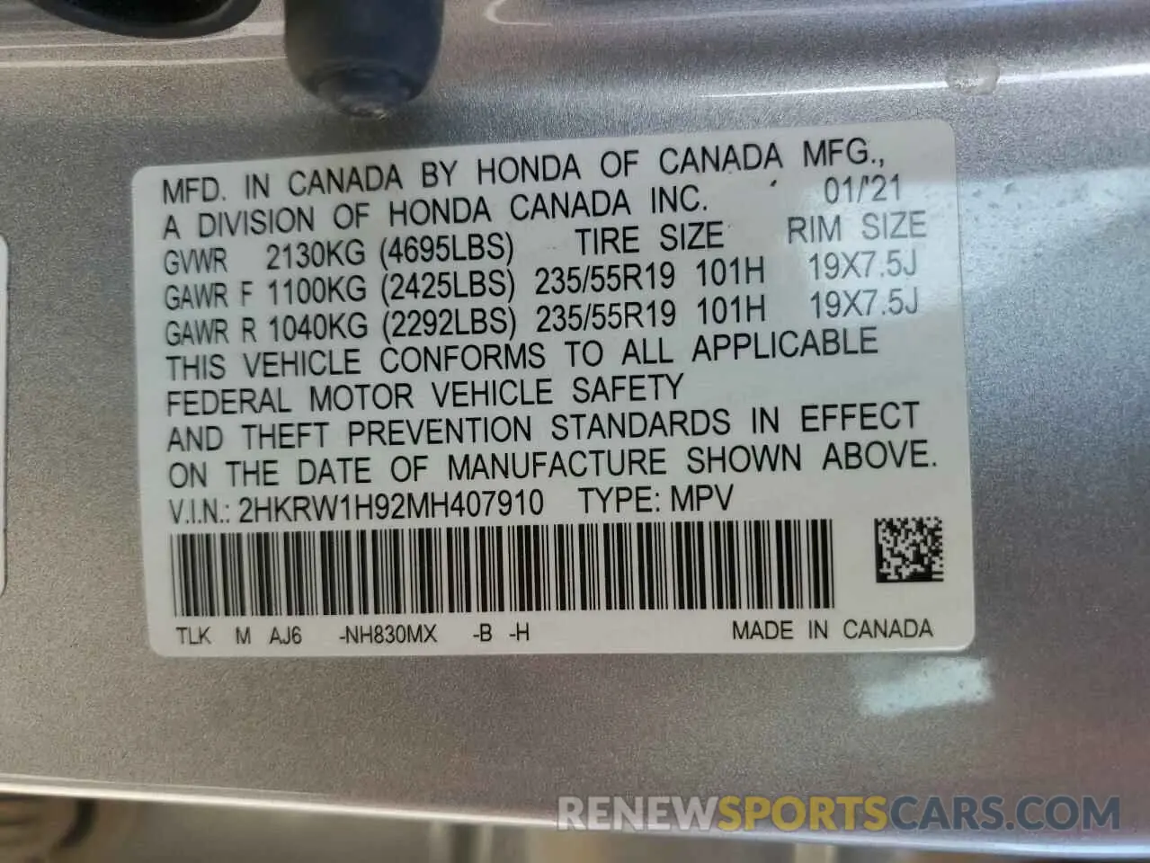 13 fotografías del automóvil dañado 2HKRW1H92MH407910 HONDA CRV 2021